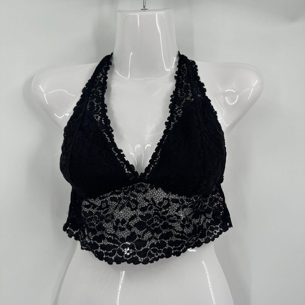 True Womens Y2K Black Lace Halter Bralette Lingerie Top Size M Whimsigoth Fairy‎